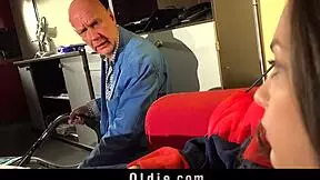 Horny teen invites old stranger for some fun in her house.