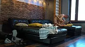 Amateur Step Dad And Young Brunette On Black Sofa