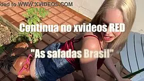 when it's hot, everyone helps the blonde teen sweep the yard suggestively