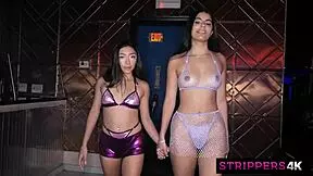 Brunette sluts team up to extract cum and cash from a VIP in a bent-over session.