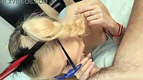 Cute nerdy teen girlfriend strips intensely and deepthroats my cock with loud moaning