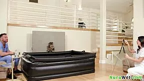 seth gamble and gal ritchie deliver busty teen nuru massage with wet boobs and pussy