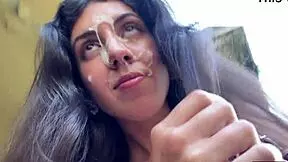 cute girl eating burger with cum on face during public cafe cumwalk