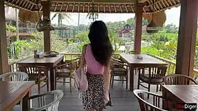 cute girl eating burger with cum on face during public cafe cumwalk