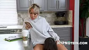 It's lonely up top, so freeuse is the solution with tall brunette teen and Asian in FFM threesome.