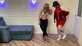 sexy blonde teen says, 'fuck me hard,' to her fitness trainer, getting cum in pussy