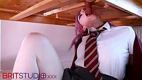 Massive cumshot as student gets milked under table in nylon stockings for first time.