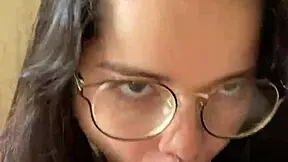 nerd brunette with big tits gives deep blowjob to wellington prado's big cock from behind mirror in shorts and jeans 😏