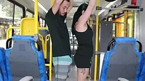 Mature man masturbates on bus, cumming on Latina's ass