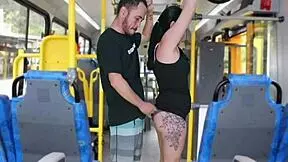 Mature man masturbates on bus, cumming on Latina's ass