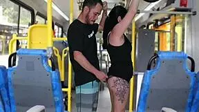 Mature man masturbates on bus, cumming on Latina's ass