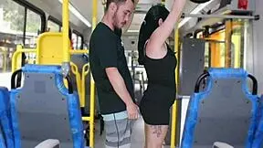 Mature man masturbates on bus, cumming on Latina's ass