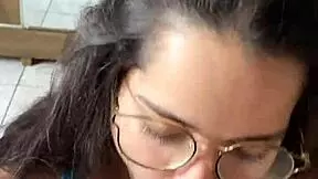 nerd brunette with big tits gives deep blowjob to wellington prado's big cock from behind mirror in shorts and jeans 😏