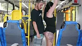 Mature man masturbates on bus, cumming on Latina's ass