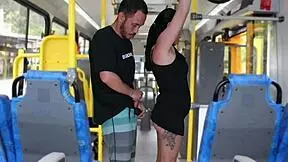 Mature man masturbates on bus, cumming on Latina's ass