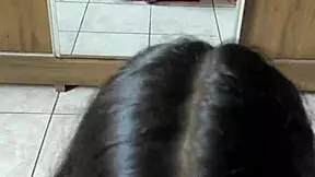 nerd brunette with big tits gives deep blowjob to wellington prado's big cock from behind mirror in shorts and jeans 😏