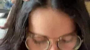 nerd brunette with big tits gives deep blowjob to wellington prado's big cock from behind mirror in shorts and jeans 😏