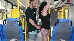 Mature man masturbates on bus, cumming on Latina's ass