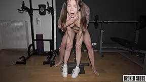 his strength amazed her as he benchpressed and pounded hard.