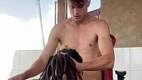 Tattooed teen gives sloppy blowjob on porch