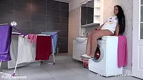 busty teen 18+ caught peeing on laundry during solo play. she fingers herself hard after sucking toys!