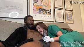 wow, nurse jenn sucks patient's nipples while jerking his big black cock!