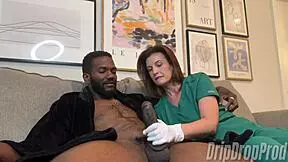 wow, nurse jenn sucks patient's nipples while jerking his big black cock!
