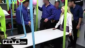 Feisty blondes submit in public office gangbang