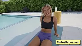 luna luxe, blonde teen 18+ slut, shows off round butt by pool