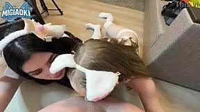 Juicy threesome with two step sisters licking balls and more