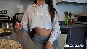 so this cheating wife in leggings is getting a huge squirt from her husband's friend, and she's all curvy with a narrow ass, talking dirty the whole time.