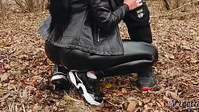 Damn, long-haired brunette teen in leather got facefucked outdoors!