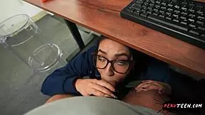 Sneaky Blowjob Under Table in Class with Horny Student