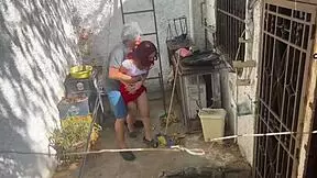 Oh, my stepdaughter cleaning the patio in skirt has an irresistible ass for taboo assfucking with monster cock!