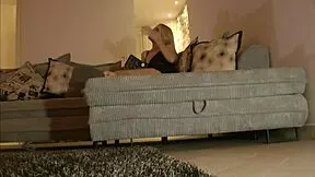 petite blonde wife no panties flashing pussy on couch