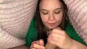 Taboo Stepdaughter Surprises Stepfather with a Deep Blowjob Under the Blanket.