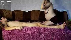 9th month pregnant blonde teen 18+ sucks and rides bf on couch