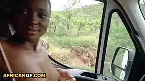 Pretty African teen girlfriend feels risky excitement in outdoor sex with big white cock, deepthroating and bending over