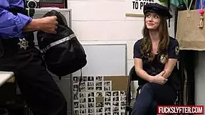 Sexy Cop Records Theft, Gets Hardcore Fucked at Work by Pornstar! Petite Shy Babe Kissing!