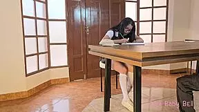 shy college girl gives blowjob in uniform for cum