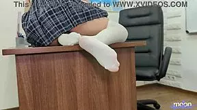 cheeky teen 18+ nymphomaniac masturbates and fucks her pussy on principal's desk wearing stockings and sexy costume.