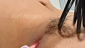 yo, viet nam student with hairy beaver in wet homemade action