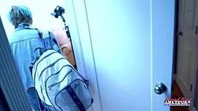 Exotic skinny coed raven fingers her shaved pussy and sucks a cock in solo action.