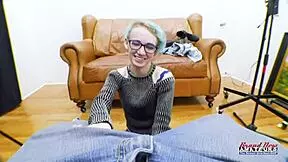 Exotic skinny coed raven fingers her shaved pussy and sucks a cock in solo action.