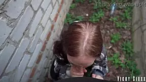 Real Fast Risky Blowjob Behind Garages with Full Mouth Cum