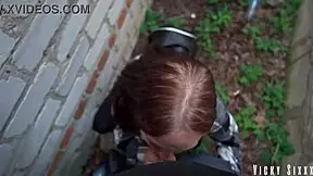 Real Fast Risky Blowjob Behind Garages with Full Mouth Cum