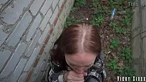 Real Fast Risky Blowjob Behind Garages with Full Mouth Cum