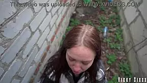 Real Fast Risky Blowjob Behind Garages with Full Mouth Cum