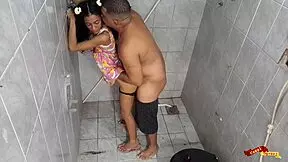 Stepfather fucks stepdaughter's mouth and ass, cumming inside her.