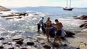 Three Random Guys Pounded Blonde Bitch Hard on Wild Beach